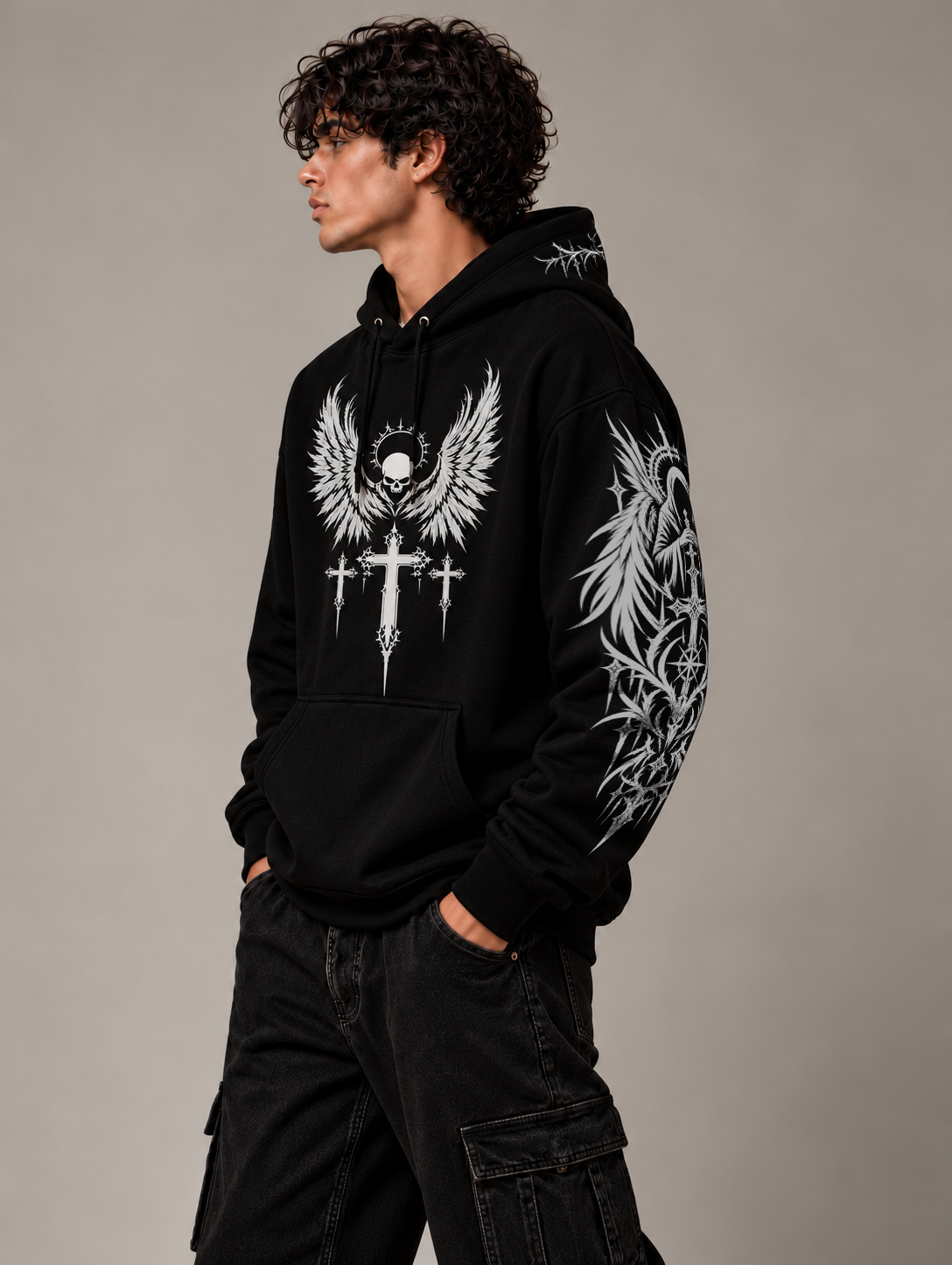 Gothic Winged Skull Oversized Hoodie | SHADOWX